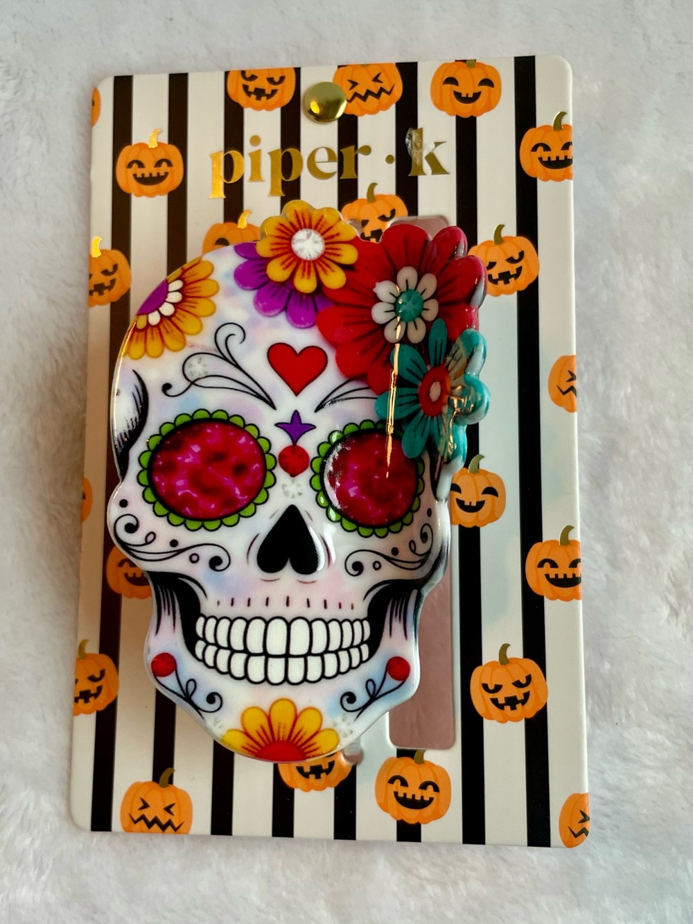 Piper K Colorful Sugar Skull Hair Clip White with Multicolor Floral Accents